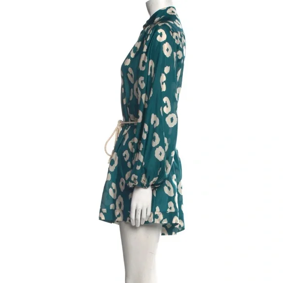 Zimmermann Silk Teal Long Sleeve Animal Leopard Gold Print Romper S / 4